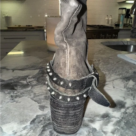 A.S.98 Distressed Leather Gray Ankle Boots with Studded Strap - Picture 12 of 12